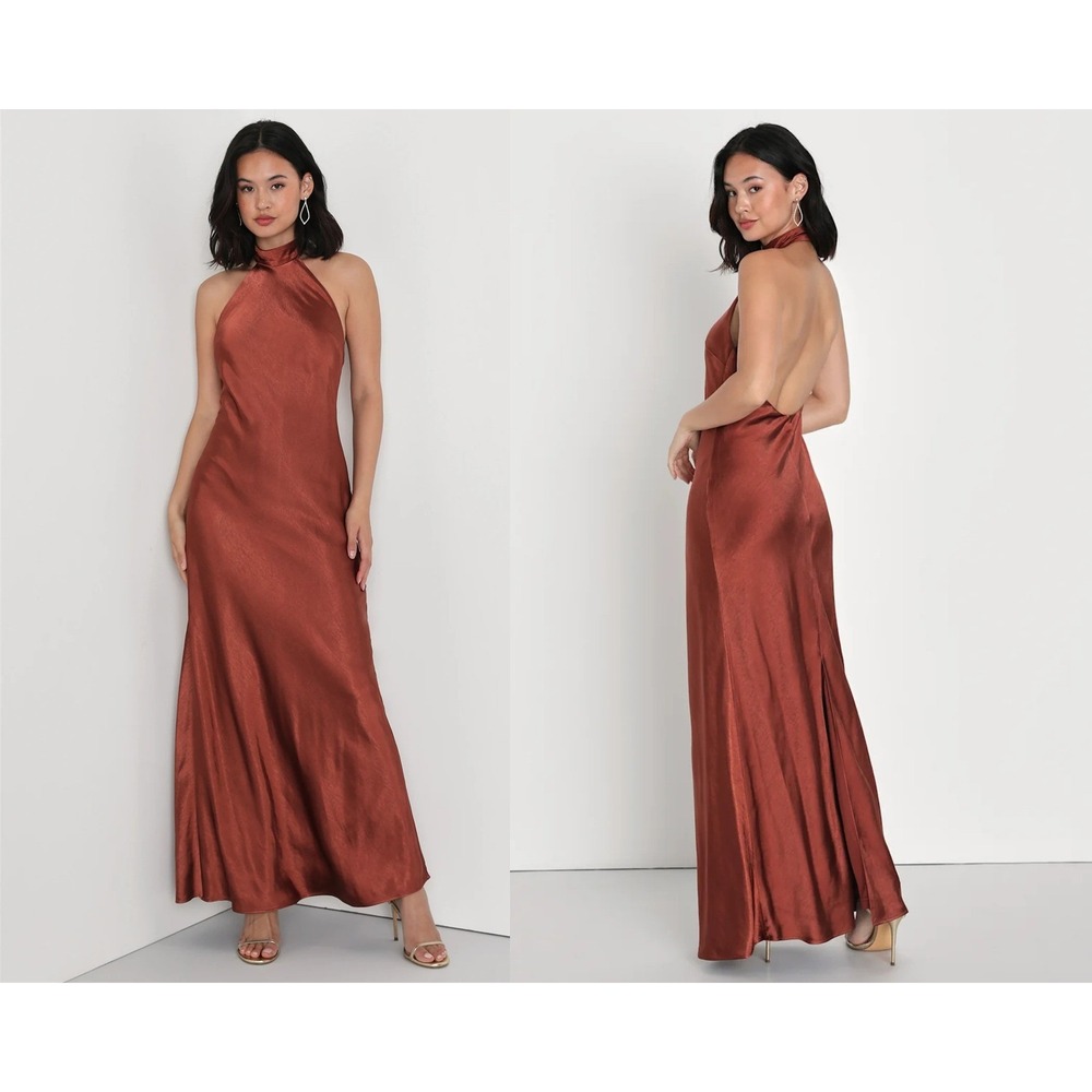 Lulus Love in Your Life Rust Brown Satin Halter‎ Maxi Dress Size Large